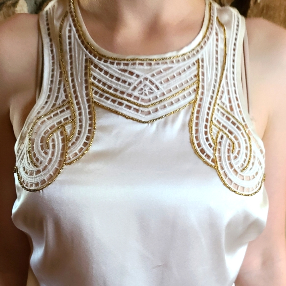 Cache white silk blouse with gold bead details XS